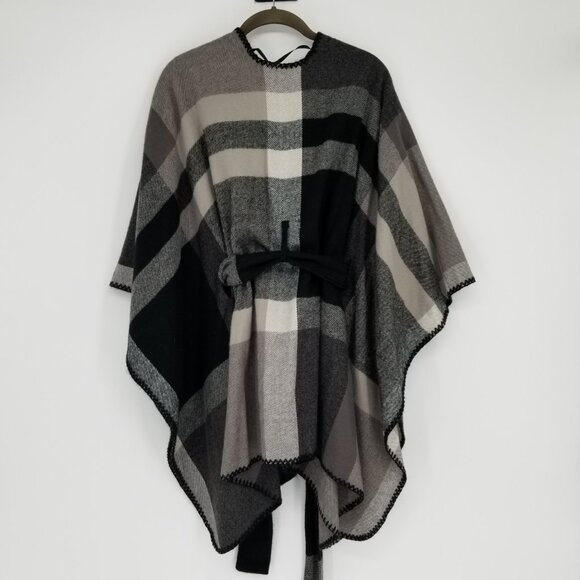OS Black White & Grey Plaid Adjustable Warm & Cozy Cape, with Taupe Undertones - Picture 3 of 5